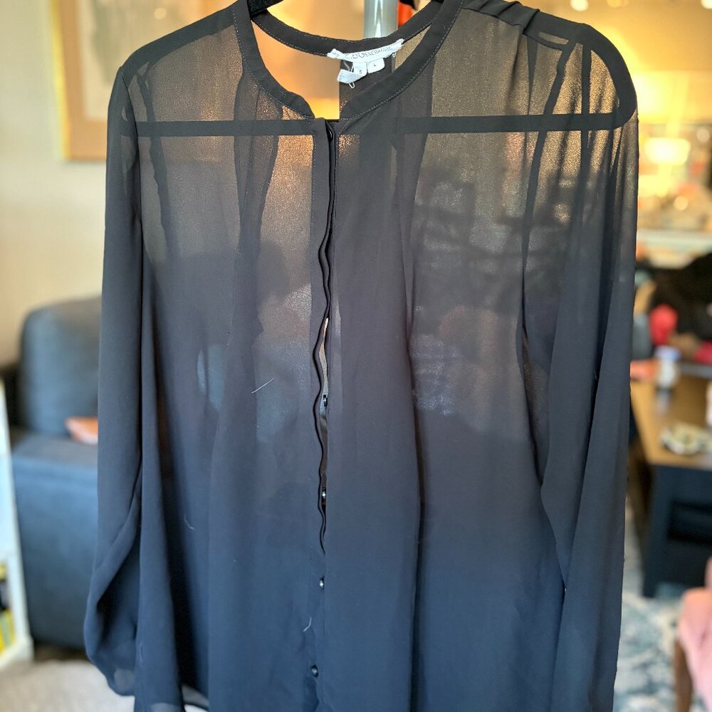 Sheer Long Sleeve Black Button Down Top